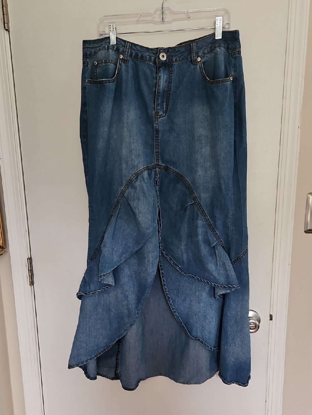 Ashley Stewart High Low Denim Chambray Distressed Skirt Size 16